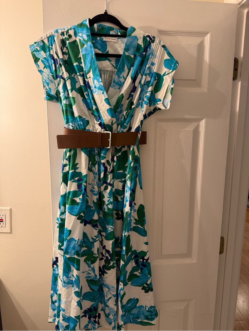 Calvin Klein White Midi Dress with Blue & Green Floral Print